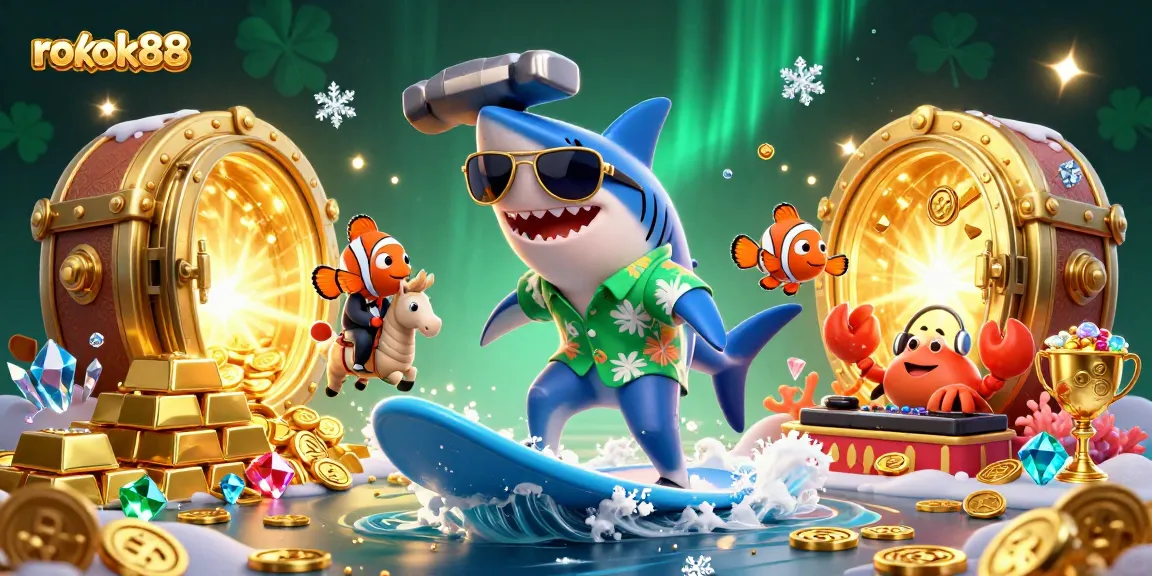 Experience rokok88's immersive casino adventure with a shark, clownfish, and crab in a vibrant treasure scene.