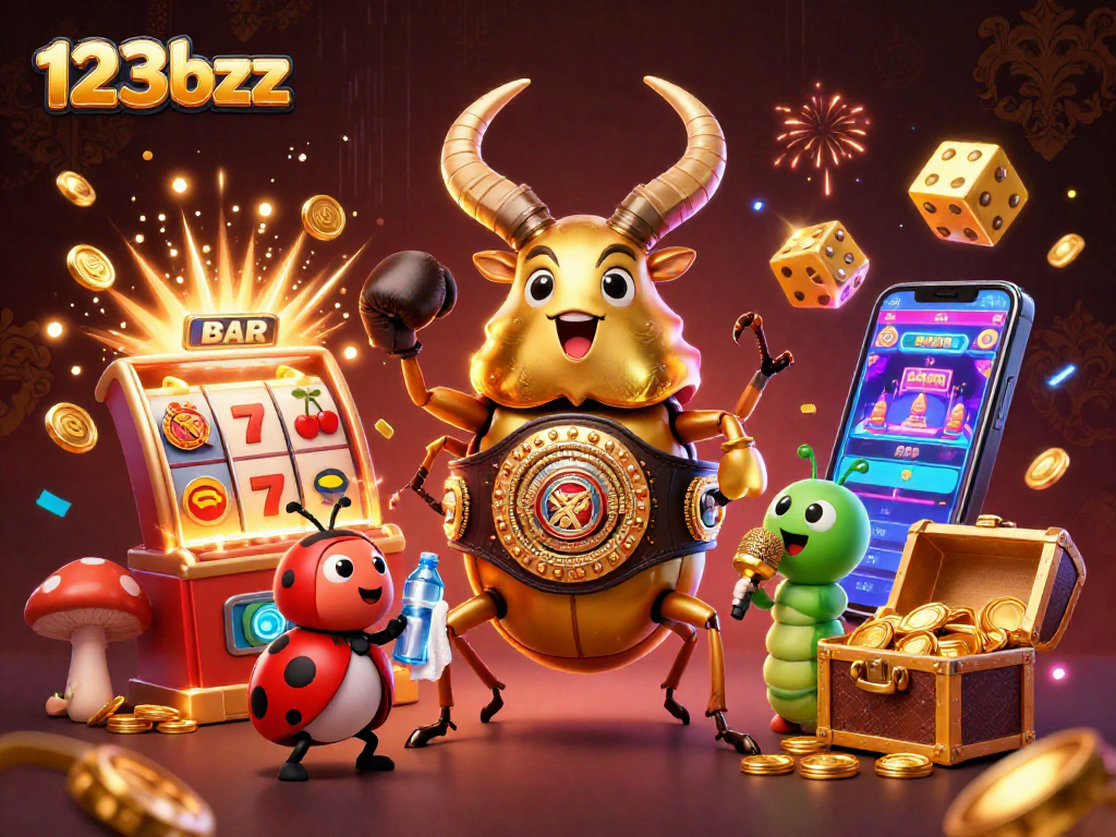 Experience the thrilling world of slots with 123bzz, featuring stunning casino elements and highly detailed characters.