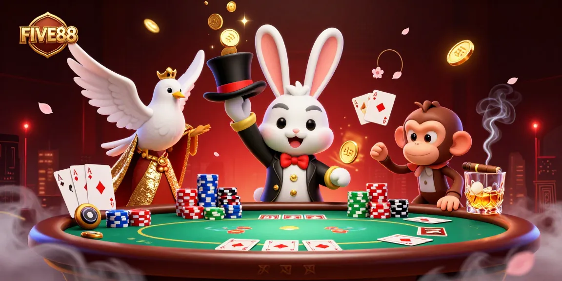 Experience the thrill of FIVE88 with a 3D illustration showcasing a magician rabbit and casino elements.