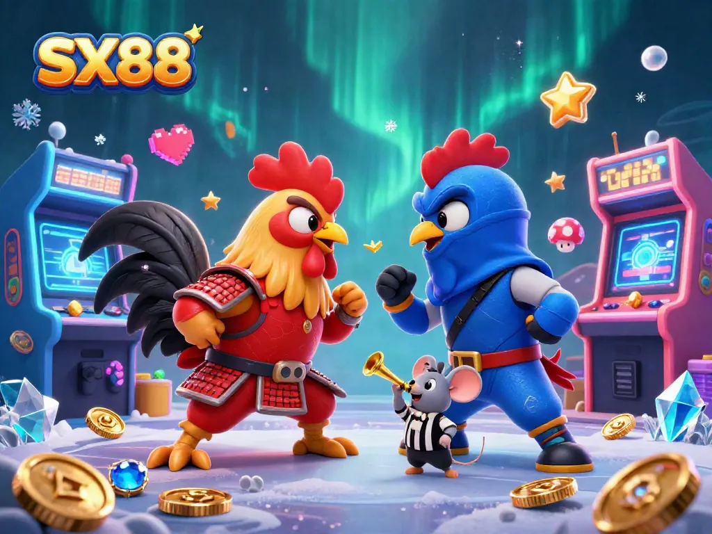 SX88 roosters battle it out in a unique casino-themed showdown amidst vibrant gaming elements.