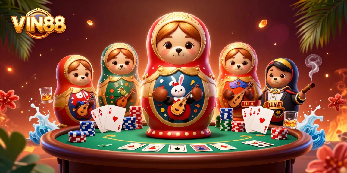 Experience exciting gameplay at VIN88 with a 3D casino scene featuring bears and poker elements.