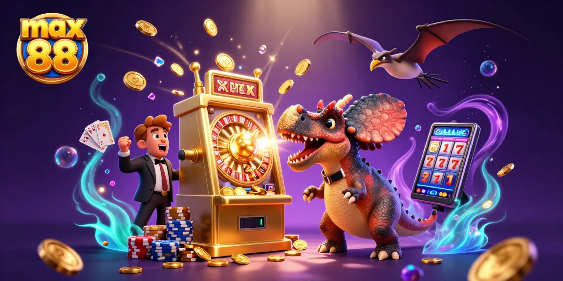 Experience max 88 excitement with dinosaurs in a vibrant 3D casino adventure scene.