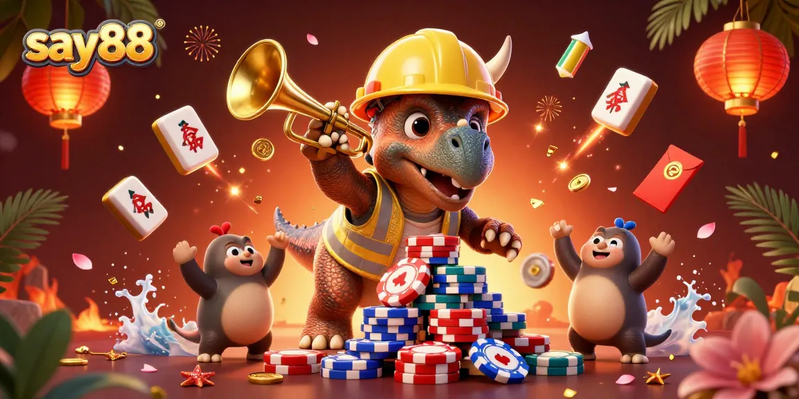 Join the fun at say88 with a dynamic gaming scene featuring cheering dinosaurs and poker chips.