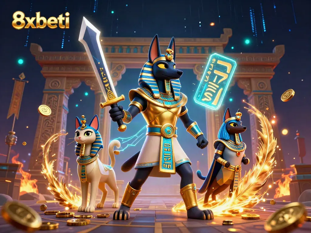 Experience thrilling action at 8xbeti casino with Anubis and Bastet in a vibrant scene filled with gaming elements.