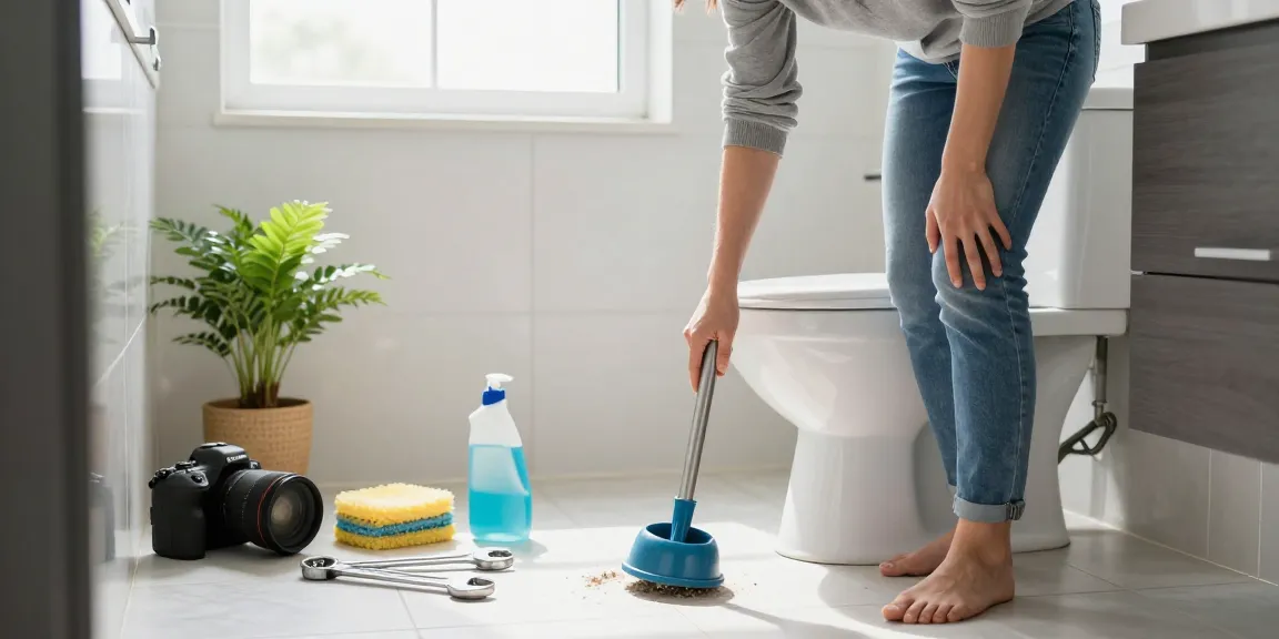 Verstopte wc in de badkamer met persoon die een toiletplunjer vasthoudt en zich zorgen maakt.