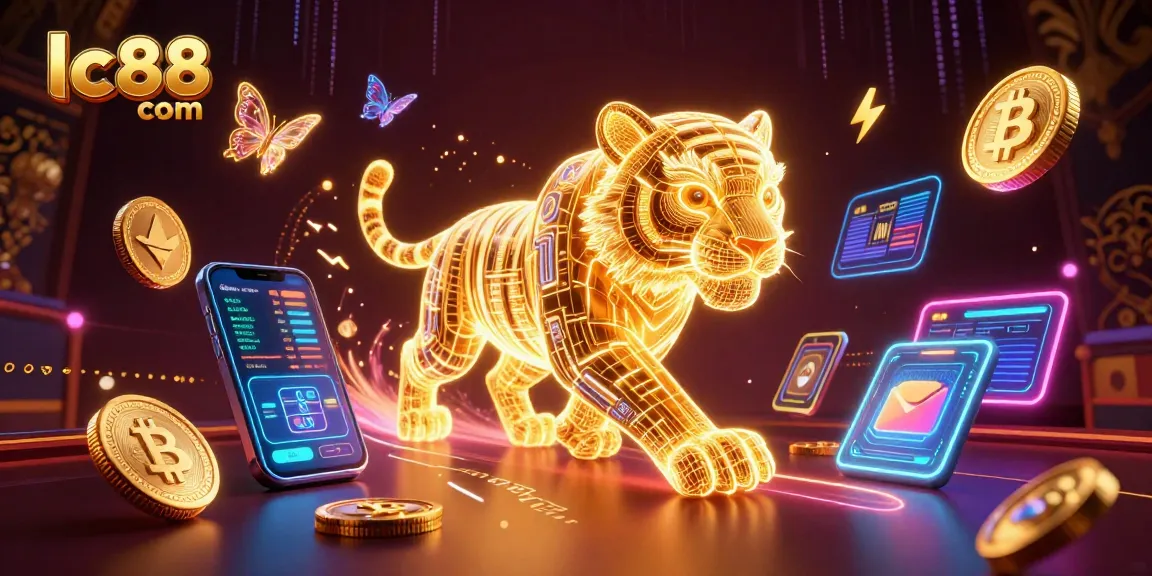 Experience excitement at lc88 com with a vivid casino landscape depicting a neon tiger and crypto symbols.
