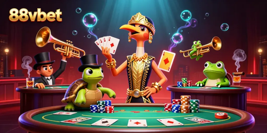Experience the lively 88vbet casino scene with unique characters, poker elements, and vibrant atmosphere.