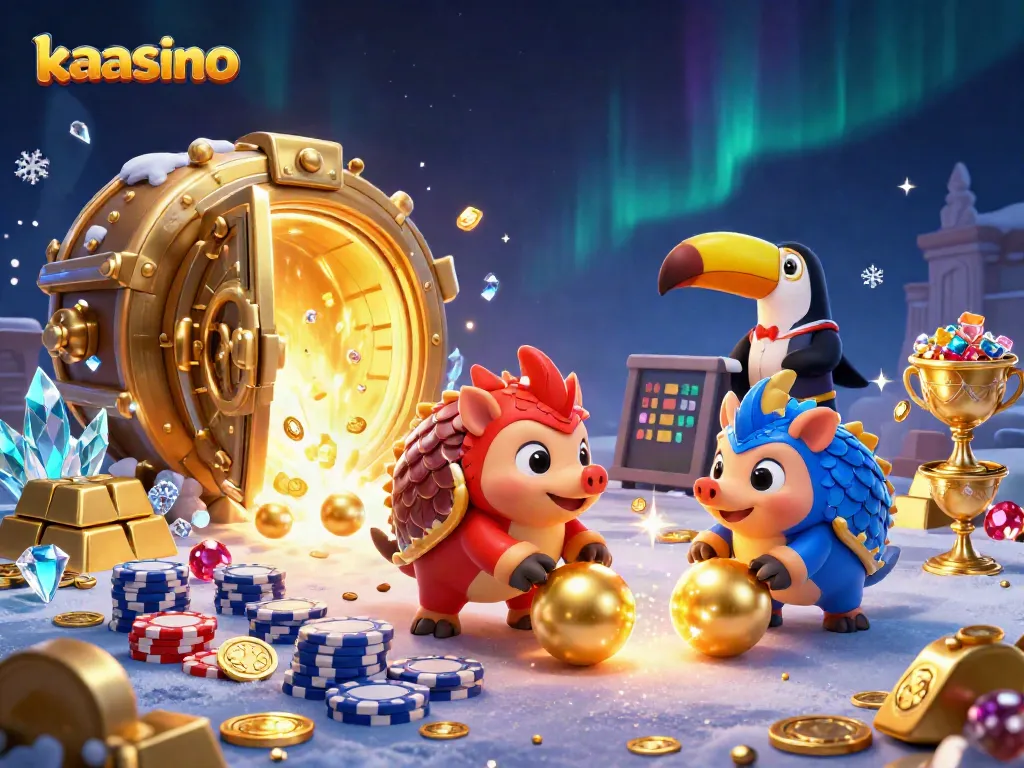 Spin the reels at kaasino with vibrant pangolins competing amidst gold and gems.