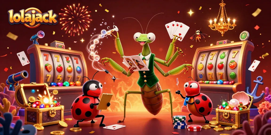 Experience excitement with Lolajack as a giant mantis deals cards and spins slots in a vibrant casino.