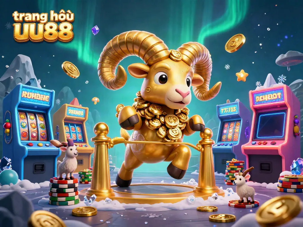 Experience the thrill at trang chủ uu88 with a vibrant, animated casino scene featuring a golden ram and gaming elements.