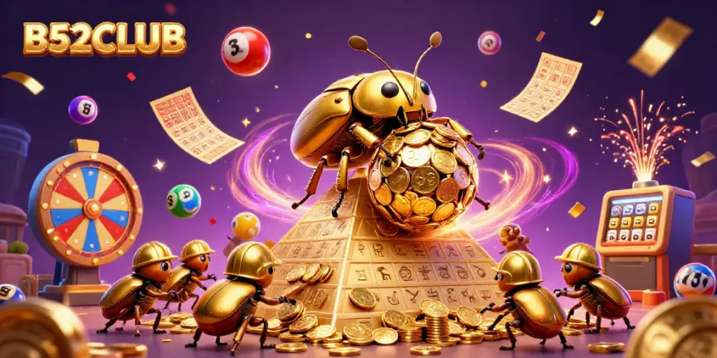 B52CLUB's colorful gaming scene with golden beetles and dynamic casino elements