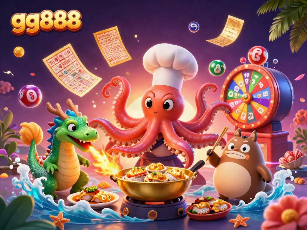 Engage with gg888 through a vibrant casino scene featuring a dynamic sushi octopus and friends.