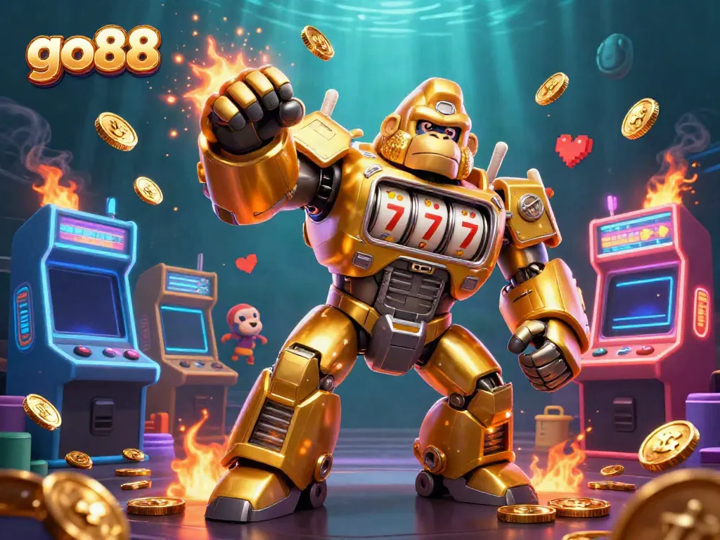 Experience thrilling wins at go88 with a dynamic 3D golden gorilla mech illustration celebrating casino gaming.