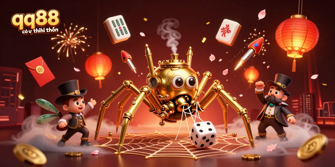 Explore the rich details of the scene highlighting 'qq88 có uy tín không' as a golden steampunk spider weaves a web of luck.