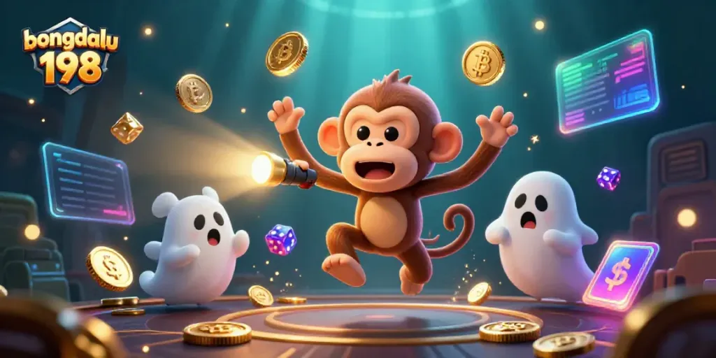 Experience the thrills of bongdalu 198 with a mystical monkey juggling coins and a curious puppy tracking it in a dazzling casino scene.