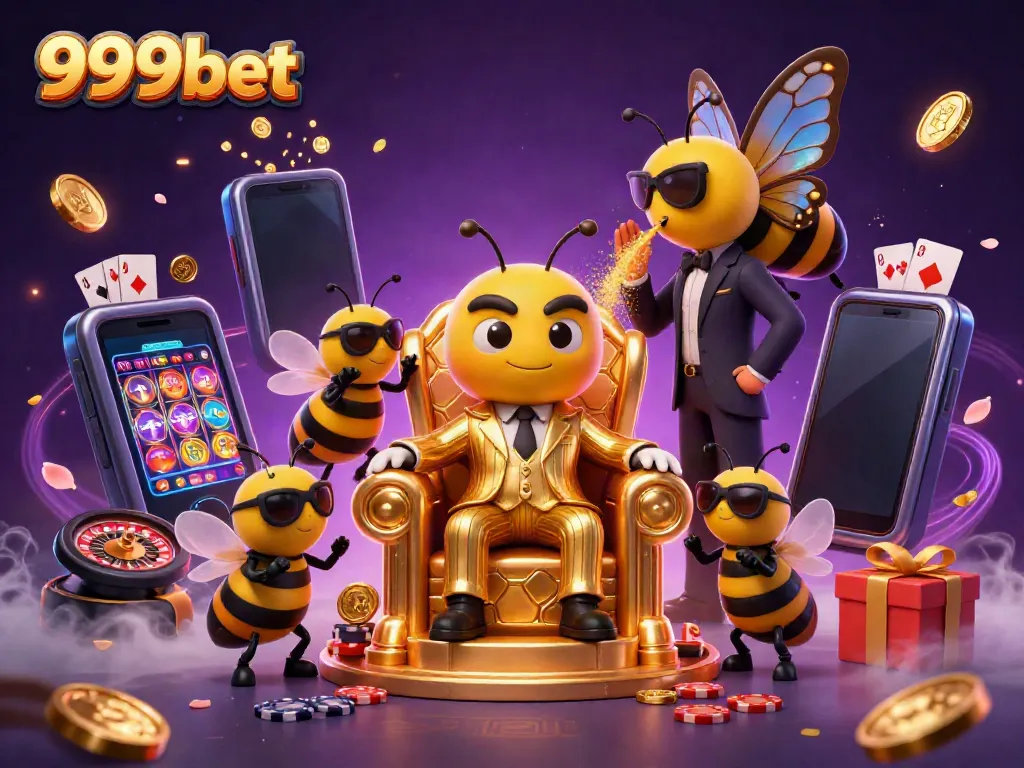Catch exciting moments with games at 999bet as a golden bumblebee mob boss hosts a casino throne room.