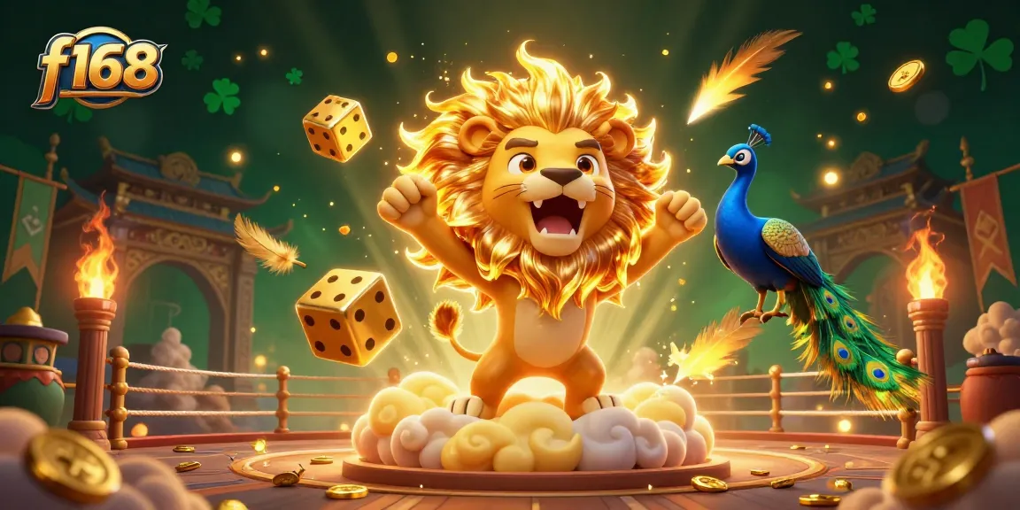 Engage with f168 in a vibrant 3D illustration of a lion, golden dice, and peacock surrounded by casino elements.