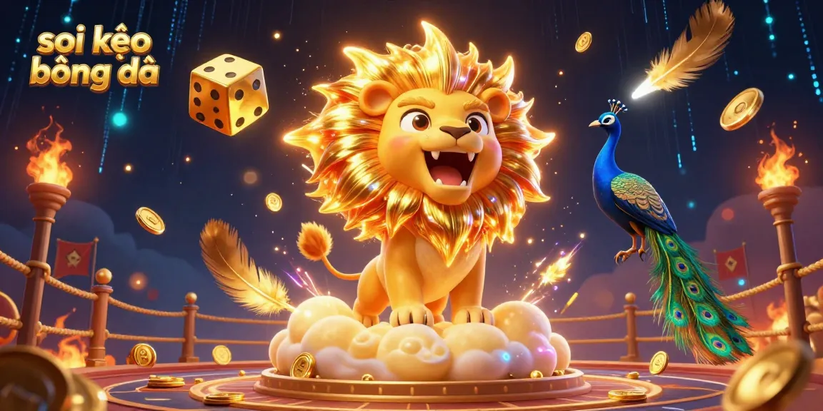 Engage in exciting soi kèo bóng đá with a dynamic 3D illustration showcasing vibrant sports betting elements and a roaring lion.