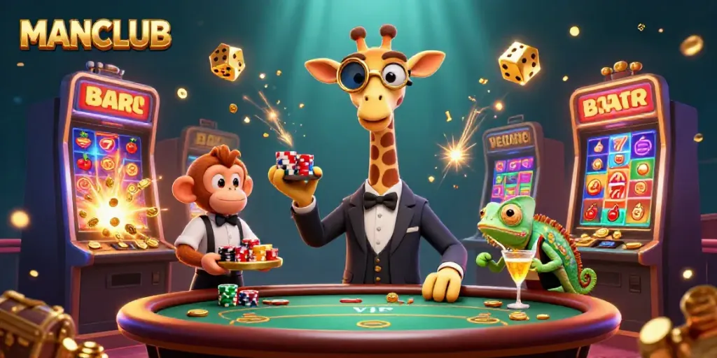 Experience MANCLUB's excitement with a high-roller giraffe at a vibrant casino scene.