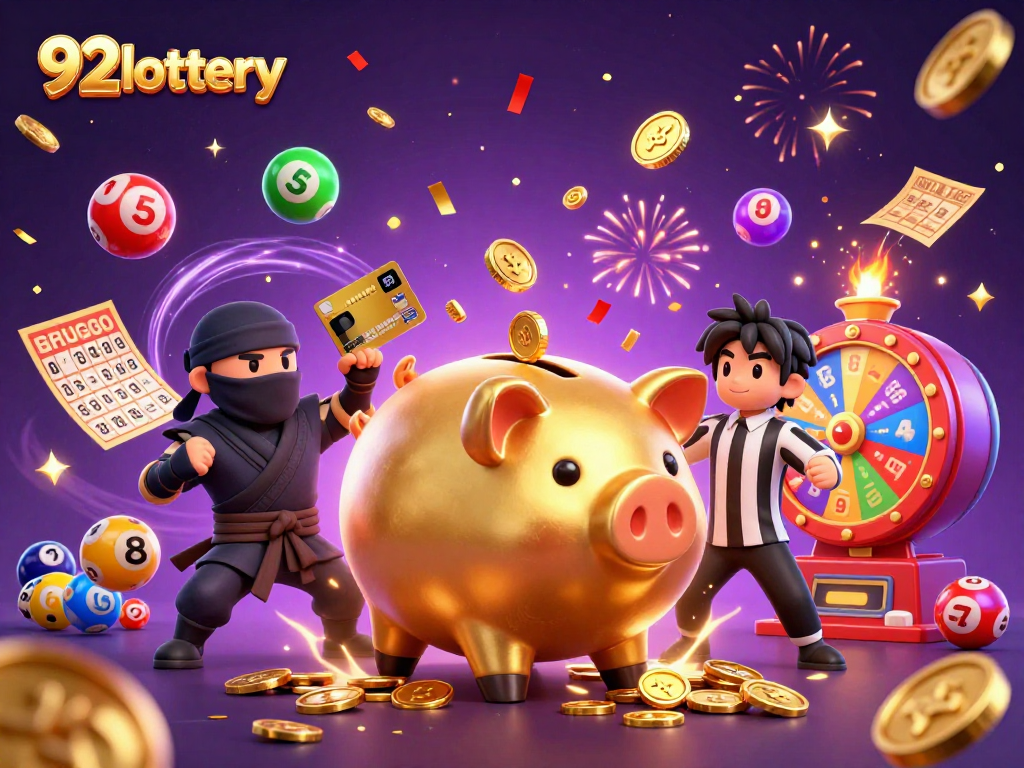 Experience thrilling lottery wins with 92lottery illustrated in a vibrant casino setting.