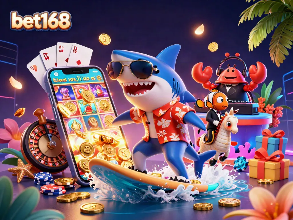 Bet168 offers vibrant gaming action with a shark surfing gold coins amid colorful casino elements.