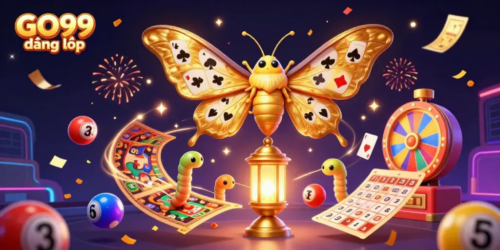 Engage with GO99 đăng nhập through a vibrant, celebratory digital casino scene featuring a majestic atlas moth.