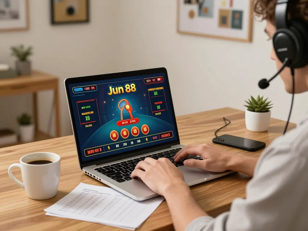 Player enjoying online gaming at Jun 88 casino, showcasing strategy and engagement in a cozy setup.