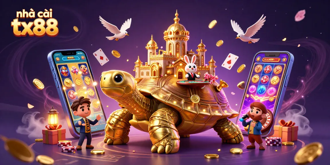 Play exciting games at nhà cái tx88 with a vibrant 3D casino illustration featuring a golden tortoise and dealer.