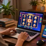 Engaging in a thrilling slot pulsa session on a laptop during cozy home gaming setup.