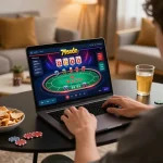 Player enjoying online gambling at 79sodo with laptop, snacks, and drinks in cozy setting.
