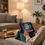 Person actively playing on uk88in online casino app in a cozy home setting.