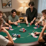 Engaged players at home poker night strategizing and playing with uk88 cards and chips.