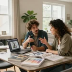 Koppel bespreekt verbouwing en verhuizing Utrecht aan een stijlvol eettafel, met ontwerpplannen en natuurlijk licht dat een uitnodigende sfeer creëert.