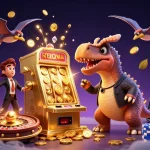 Win on 9bet with a thrilling jackpot scene featuring a cartoon dinosaur and slot machine.