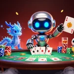 Experience the thrill at five88 nhà cái with a vibrant casino scene featuring a cyberpunk robot, holographic dragon, and bitcoin.