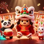 Engage with Lu88's exciting slot games featuring vibrant characters and festive elements in a dynamic 3D scene.
