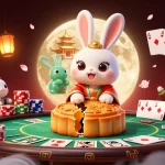 Experience vin88's vibrant casino atmosphere with a moon rabbit and poker elements.