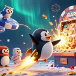 Experience the excitement of Lucky88 with a golden penguin in a vibrant casino space scene.