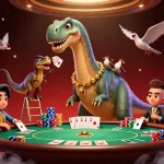 Engage in vibrant poker games at o8 com, featuring a giant brontosaurus above a dynamic casino scene.