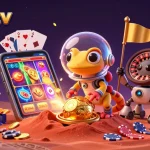 Experience the excitement of gambling with xoilac tv, featuring a vivid Martian gecko and casino treasures.