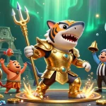 Experience thrilling action at top no deposit bonus casinos with a shark in gladiator armor and vibrant gaming elements.