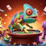 Experience the thrill of VU88 with vibrant chameleon casino owner amidst an extravagant gaming scene.