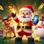 Spin to win with LUCKY88 in this lively casino scene featuring Santa and friends.