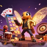 Nổ hũ đổi thưởng scene depicting a vibrant cartoon cicada rock star amidst slot games and enchanting elements.