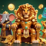 Experience thrilling gaming as you tải hitclub with a fierce lion king, wise elephant, and a cheetah, surrounded by crypto elements.