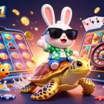 Experience excitement at 555win1 casino with a lucky rabbit and a golden turtle in a vibrant 3D scene.