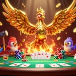 Experience the thrill of 98win com with a dynamic casino scene featuring a molten golden phoenix and poker elements, showcasing rich excitement.