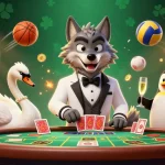 Experience thrilling baccarat with hm88 com in a vibrant casino scene featuring a debonair wolf and elegant swan.