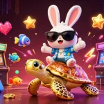 Play exciting casino games with OXBET featuring a lucky rabbit and golden turtle in a vibrant setting.