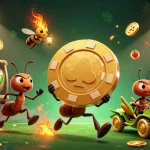 Experience thrilling gameplay at lolajack-nederland with cartoon ants transporting a giant poker chip in a vibrant casino scene.